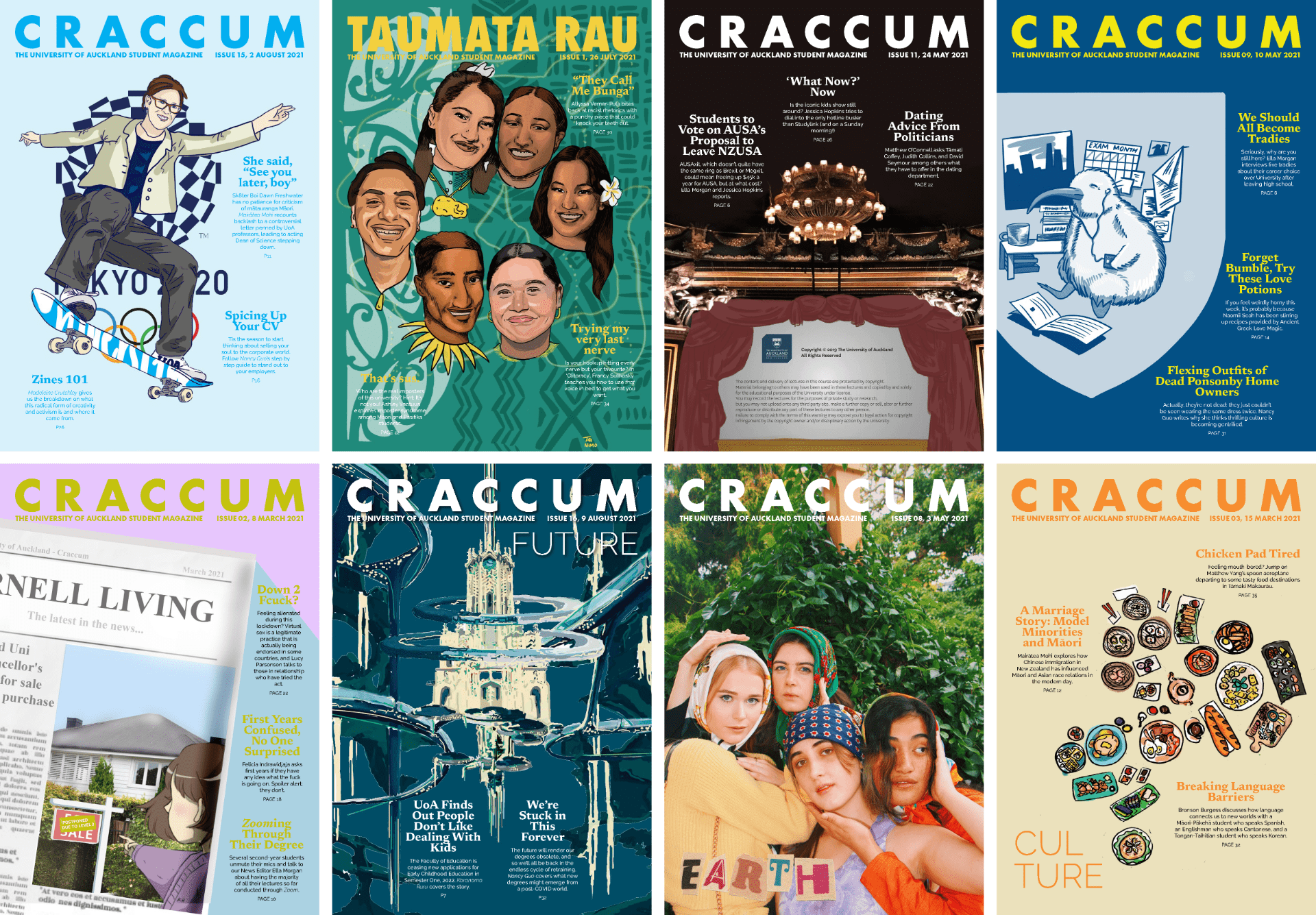 A selection of 2020 Craccum Magazine covers