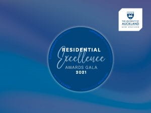 Image with blue background and blue circle which states Residential Excellence Awards Gala. On the upper right hand side is the UoA logo.